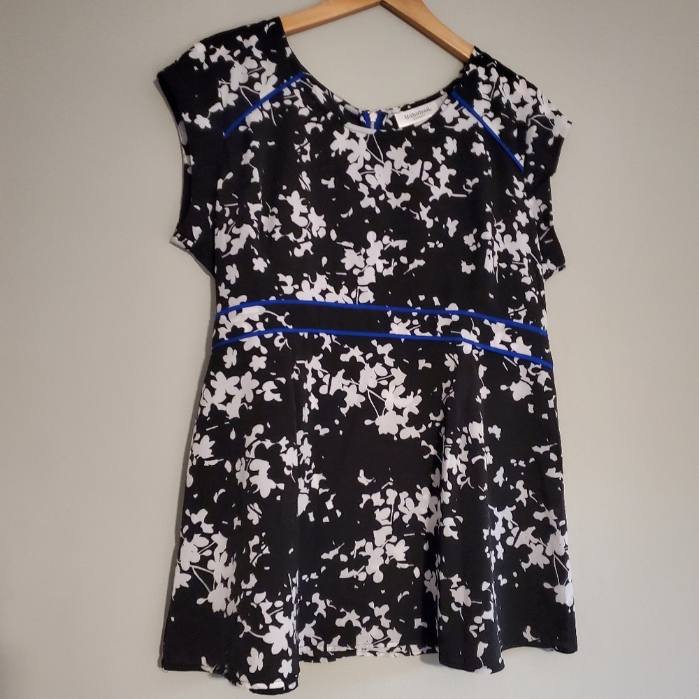 Motherhood Maternity Top, Black and White Floral with Electric Blue Trim, Large